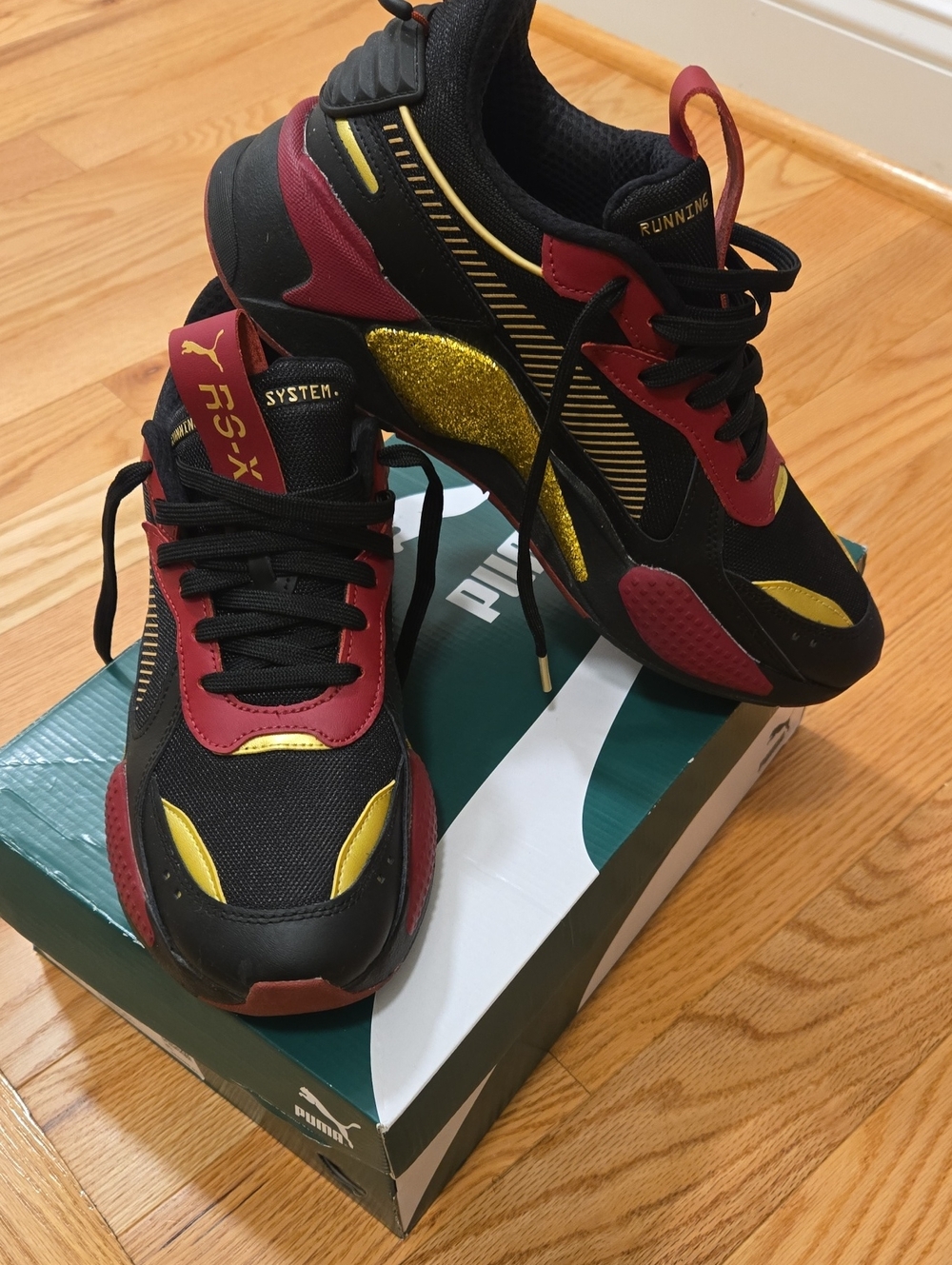 Puma RS-X GLITZ Black, Burgundy & Gold Running Sneaker